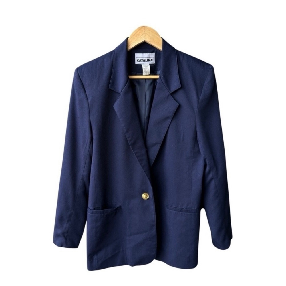 Catalina Blazer Jacket Coat Vintage Navy Blue Single Gold Tone Crest Button 10